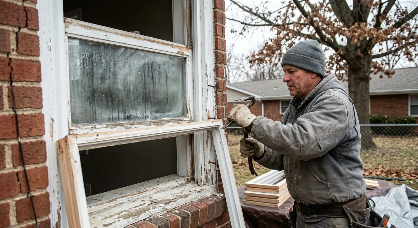 Worn double hung window with fogged glass and peeling frame in Wildwood