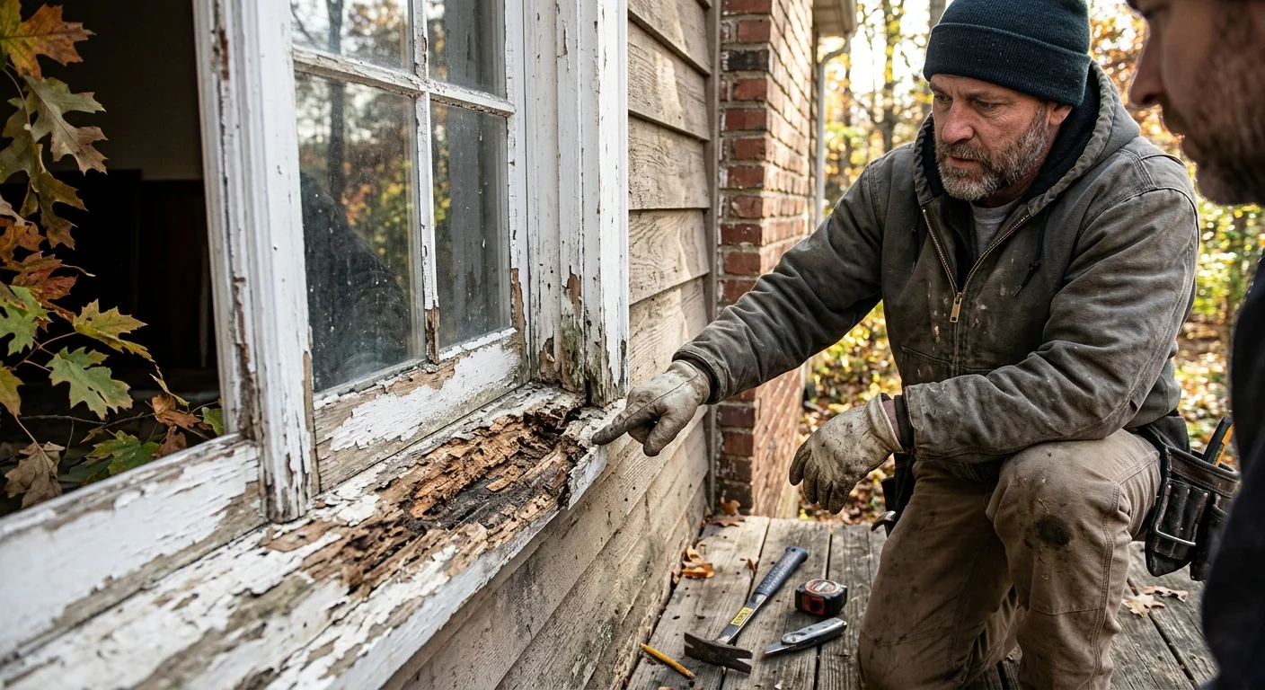 Close-up of rotted window sill needing double hung replacement