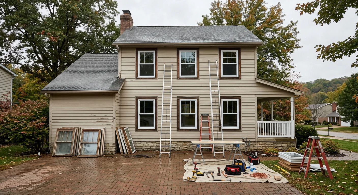 Wide shot of a two-story home front with newly replaced double hung windows