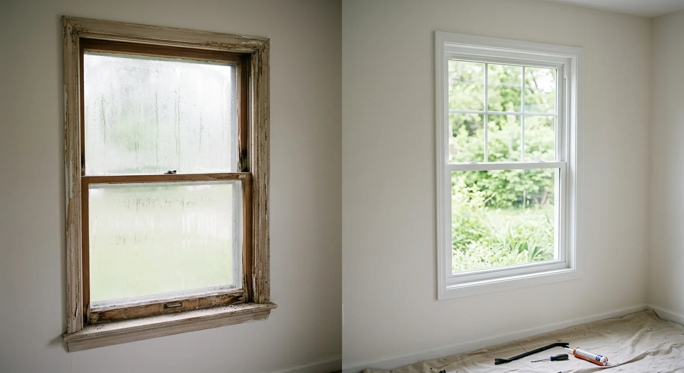 Before context of a foggy old window beside a clear new double hung unit