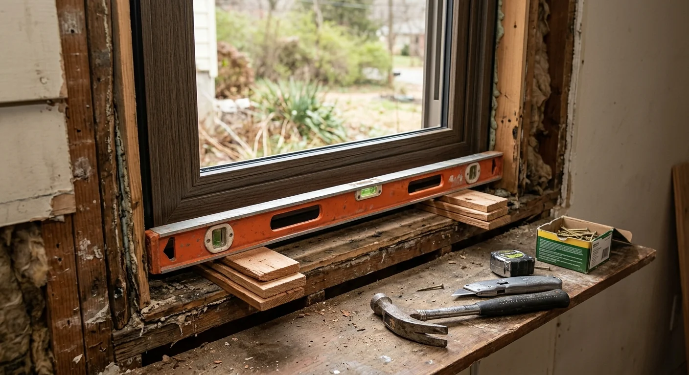 Level and shims used to square a window opening during double hung install
