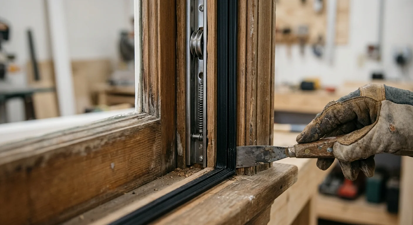 Detail of new weatherstripping installed along a double hung window frame