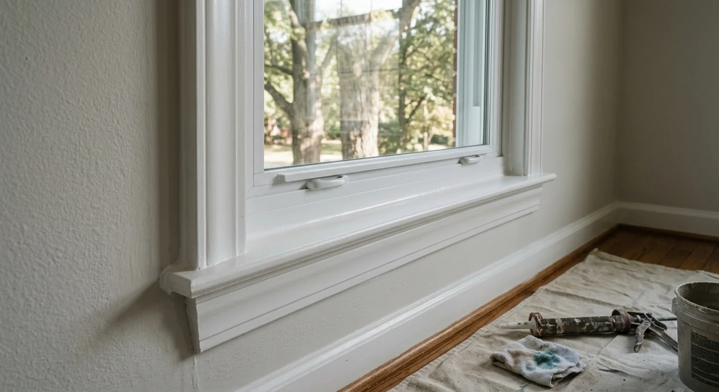 Finished interior with new trim around a completed double hung window