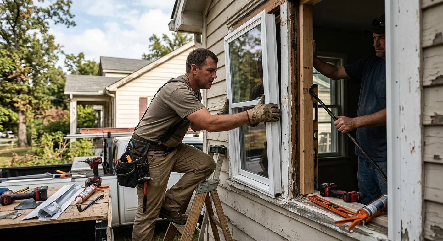 Crew sealing a new double hung window frame