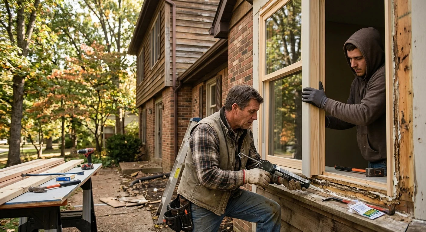 Crew installing a basement egress window well at a Wildwood home