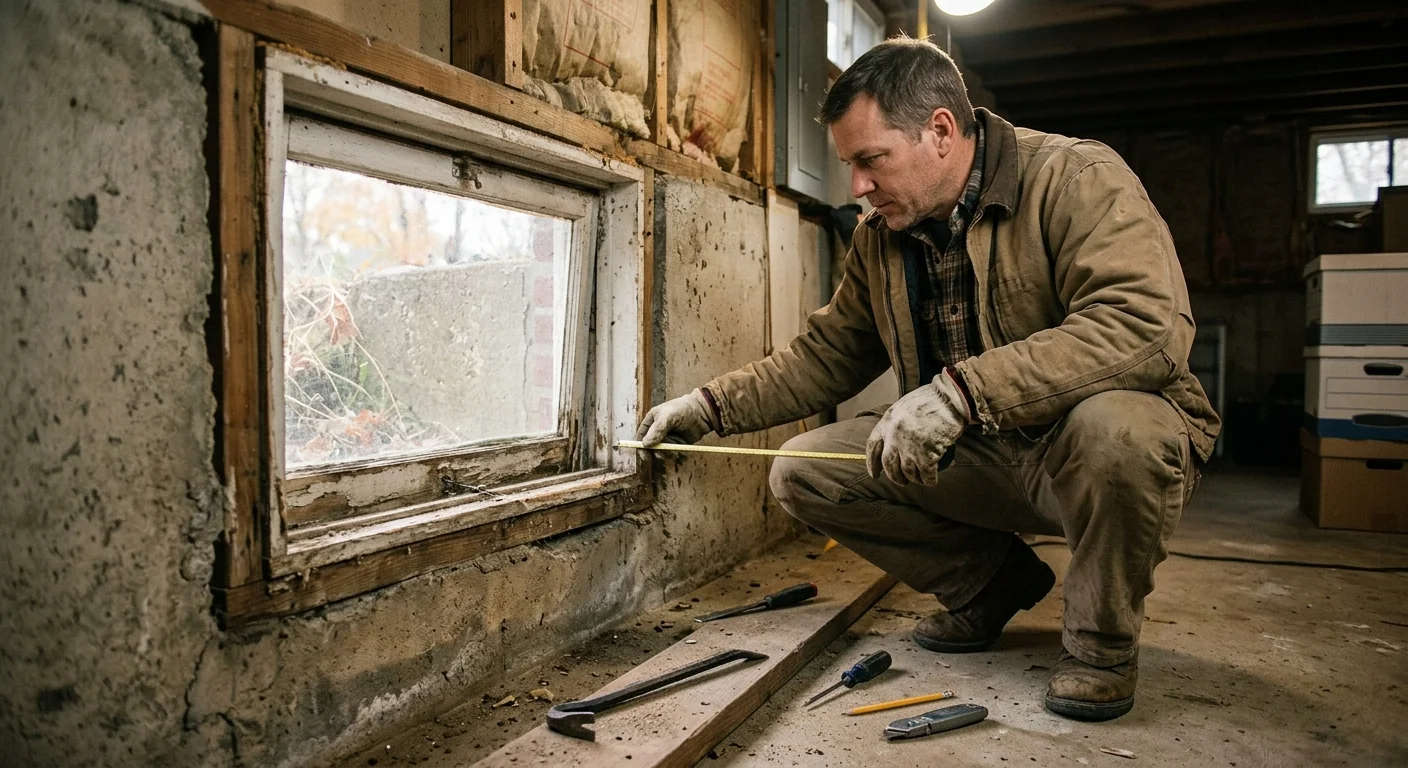 Undersized basement hopper window failing egress code in an older Wildwood home