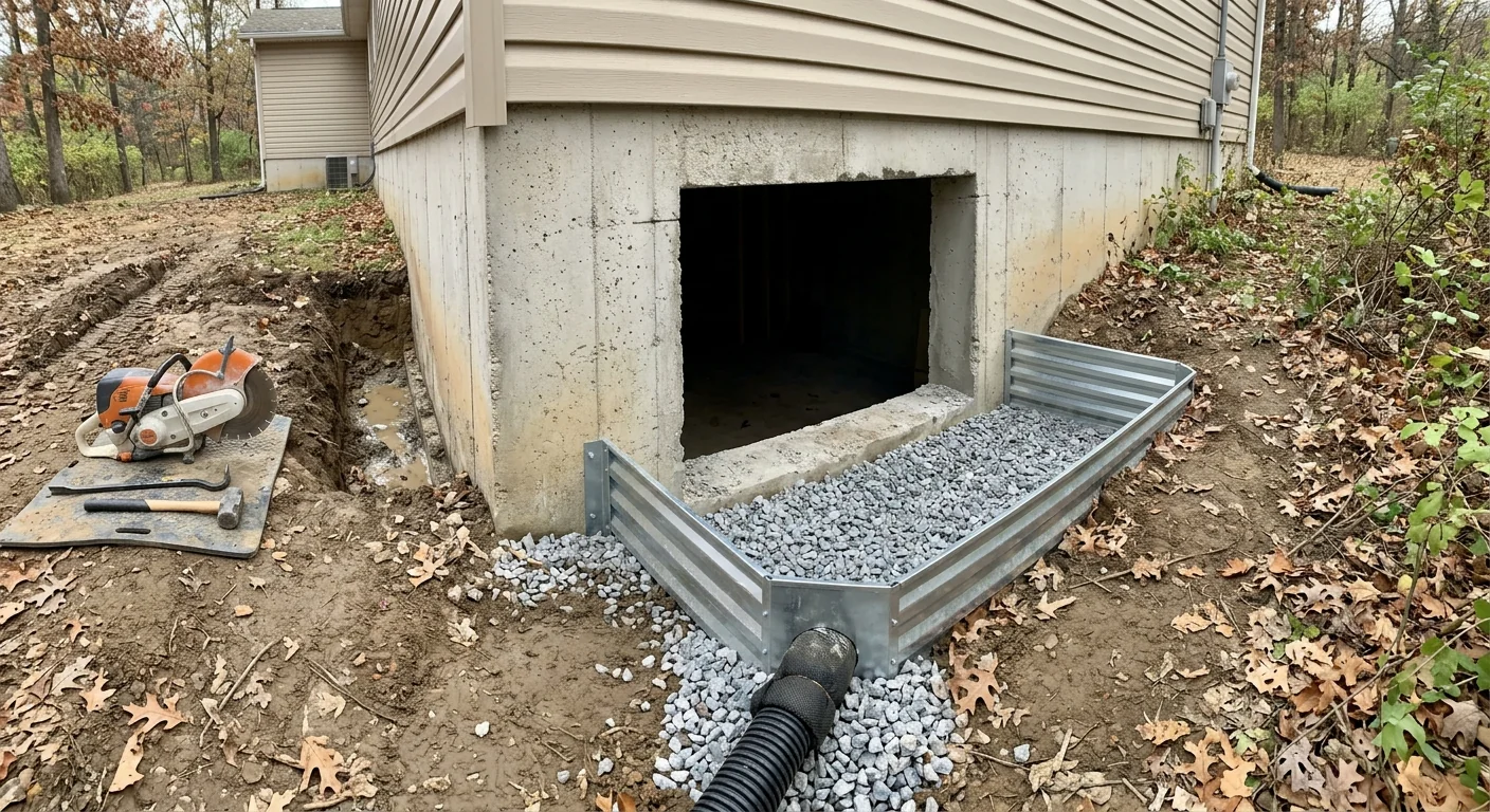 Newly cut basement egress opening with steel window well and gravel drainage