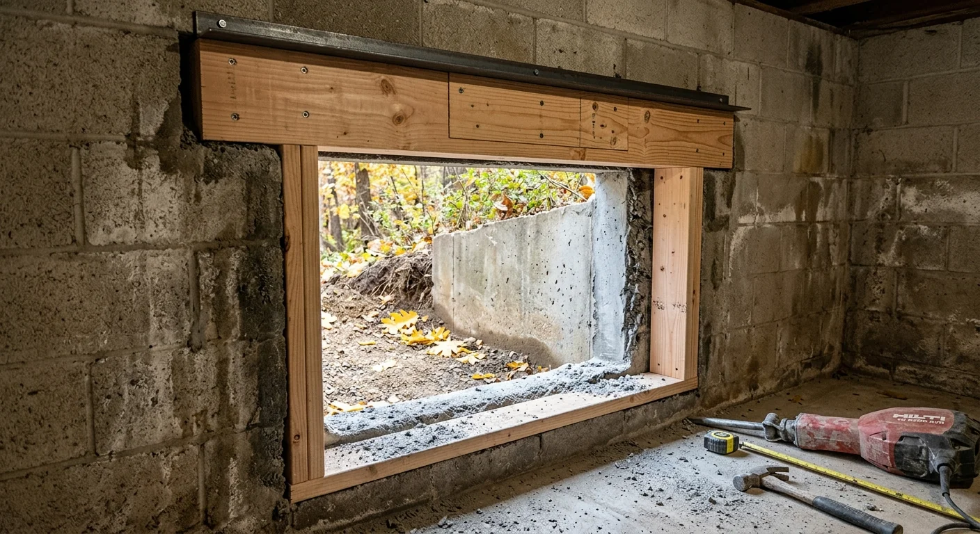 Reinforced block wall egress rough opening after moisture damage correction in Wildwood