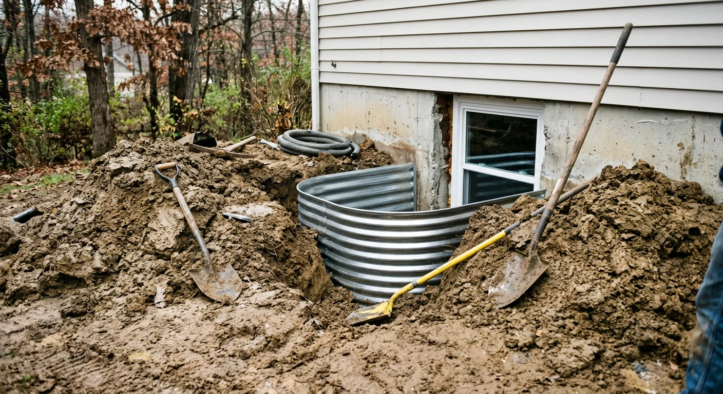 Deep window well excavation and regrading beside a Wildwood home foundation