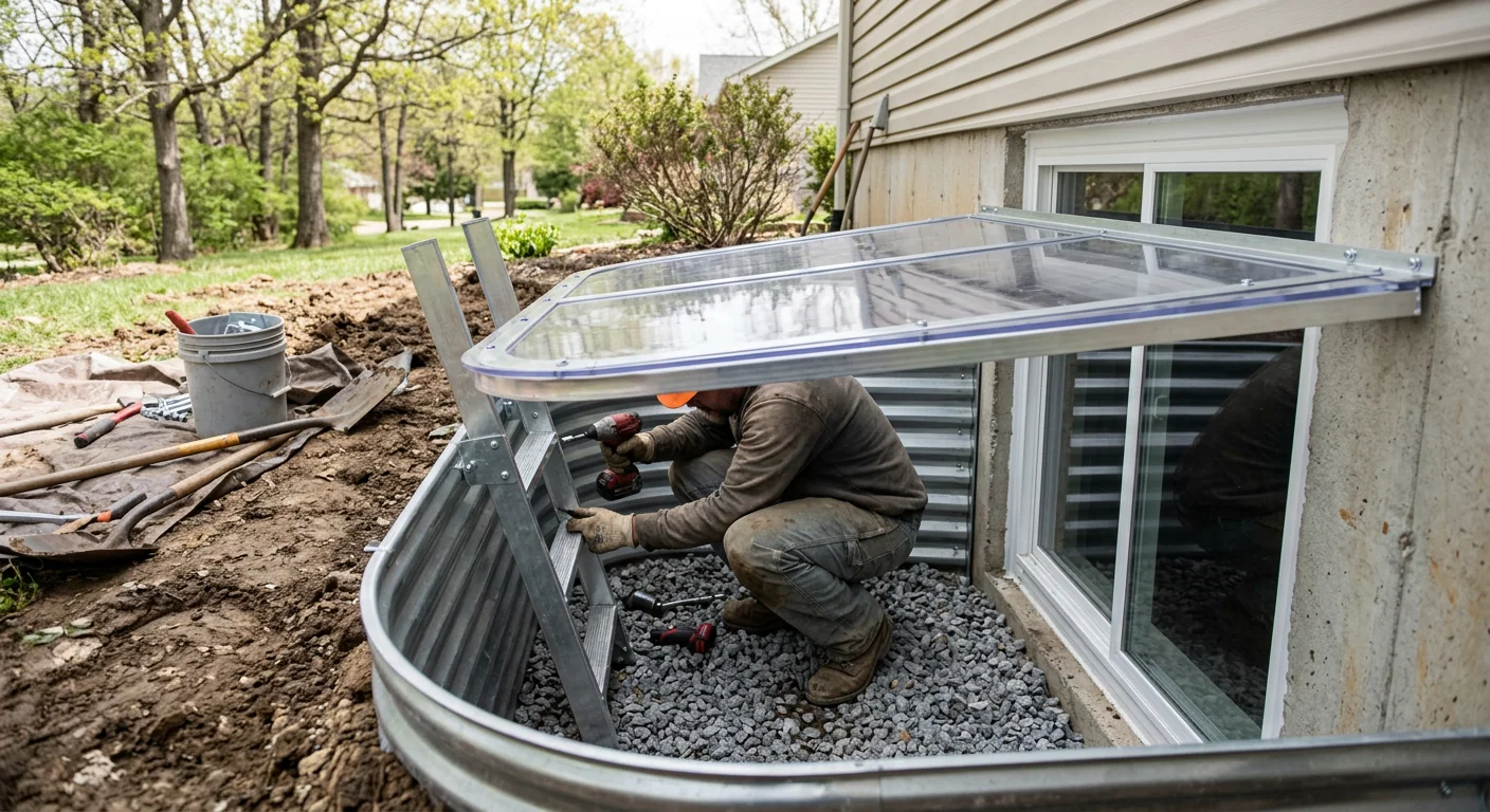 Egress window well with bolted ladder and clear protective cover installed