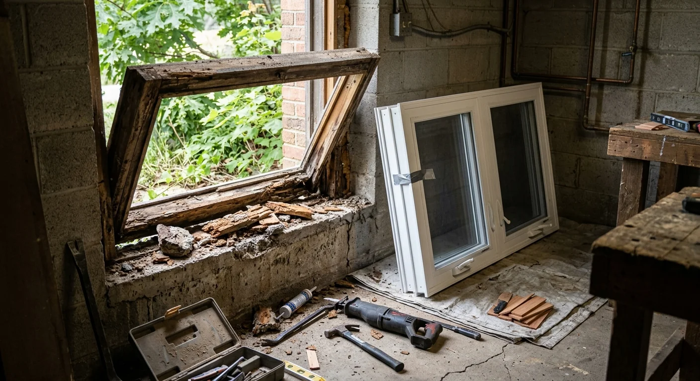 Rotted wood egress frame removal and vinyl casement replacement in aging home