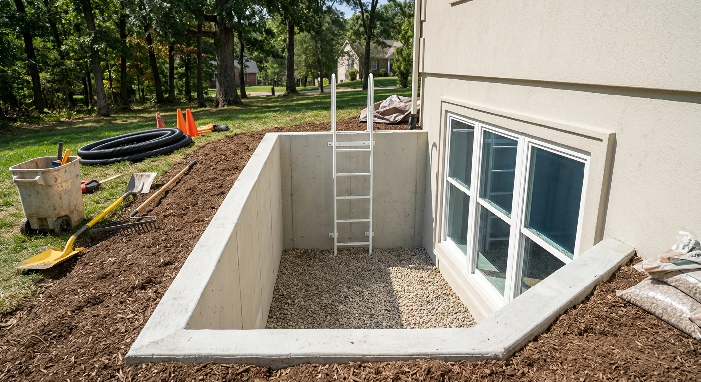 Completed egress window and well with restored gravel drainage and grading