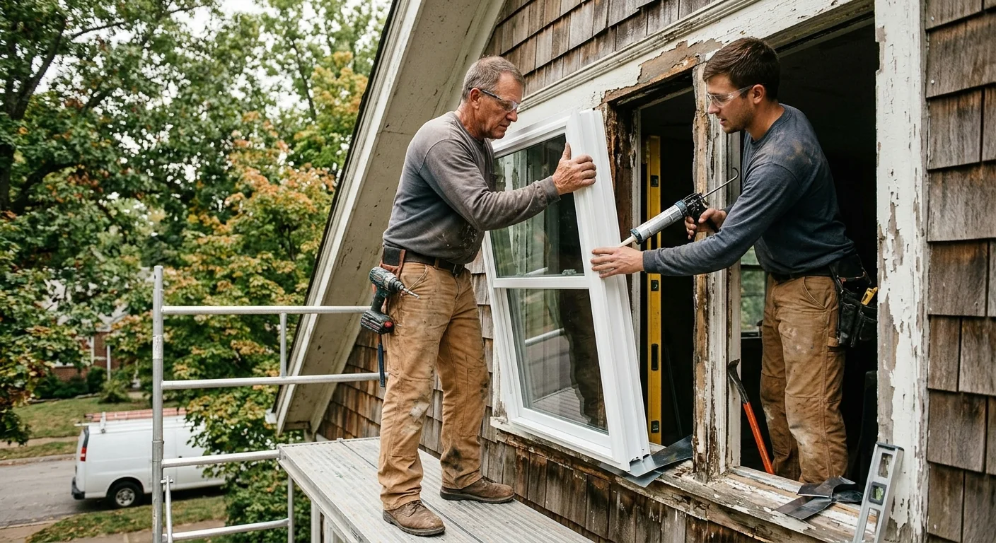 Contractor sealing egress window flange below grade