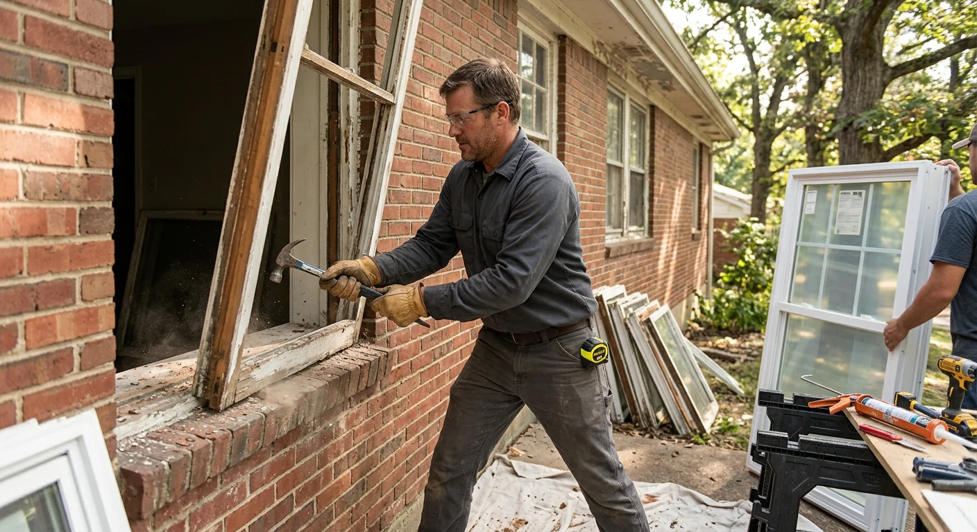 Contractor measuring an energy efficient window replacement on a Wildwood home exterior