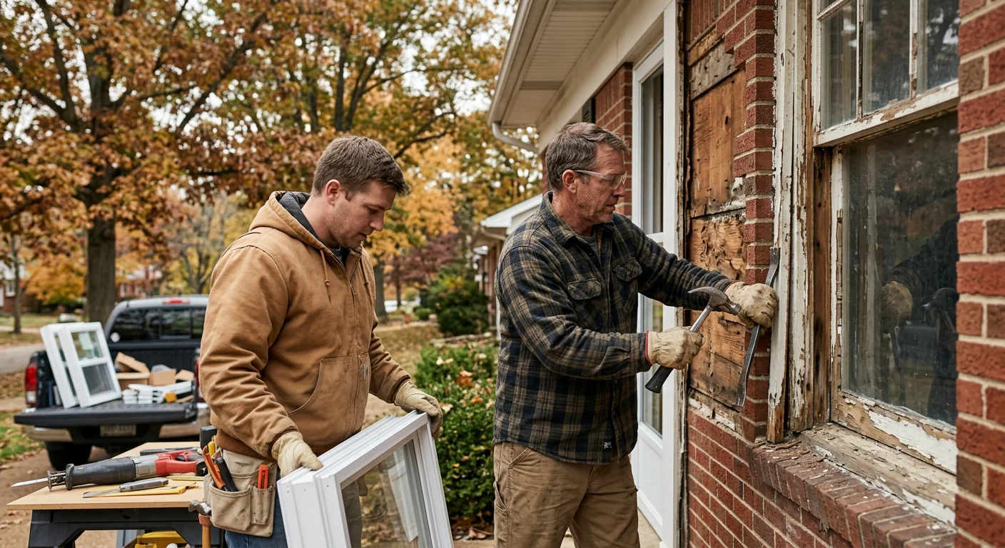 Installer fitting an insulated low-E window into a Wildwood home opening