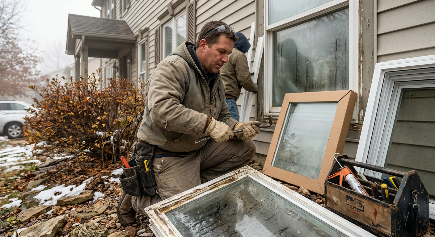 Foggy double-pane window with failed seal on an older Wildwood home