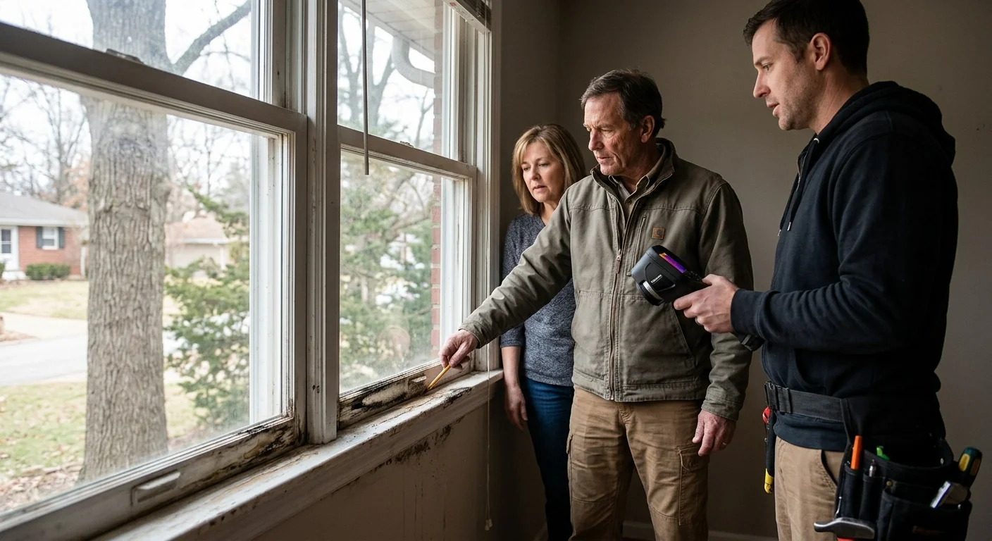 Draft and condensation damage around an aging window frame and sill
