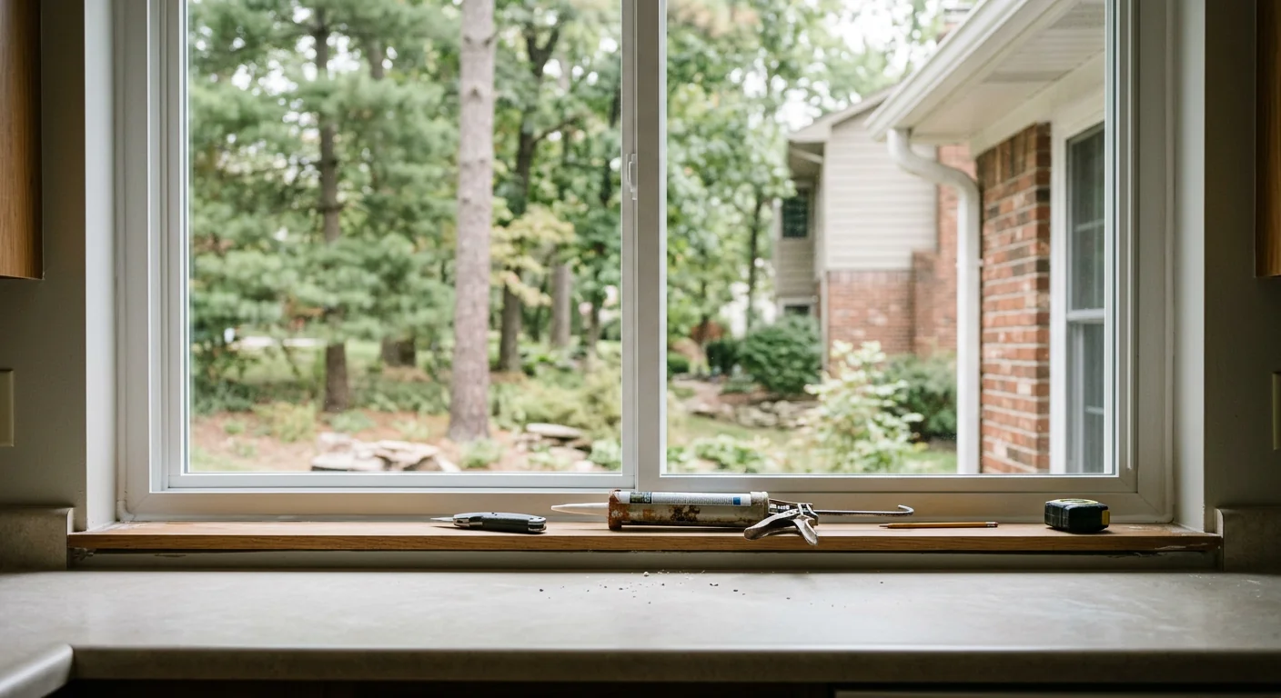 Close-up of new low-E kitchen window with fresh sealant and clear glass