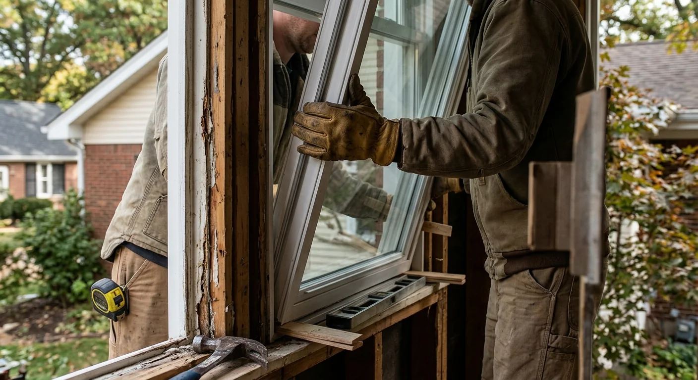Installer setting a double-pane window sash into a squared opening on site