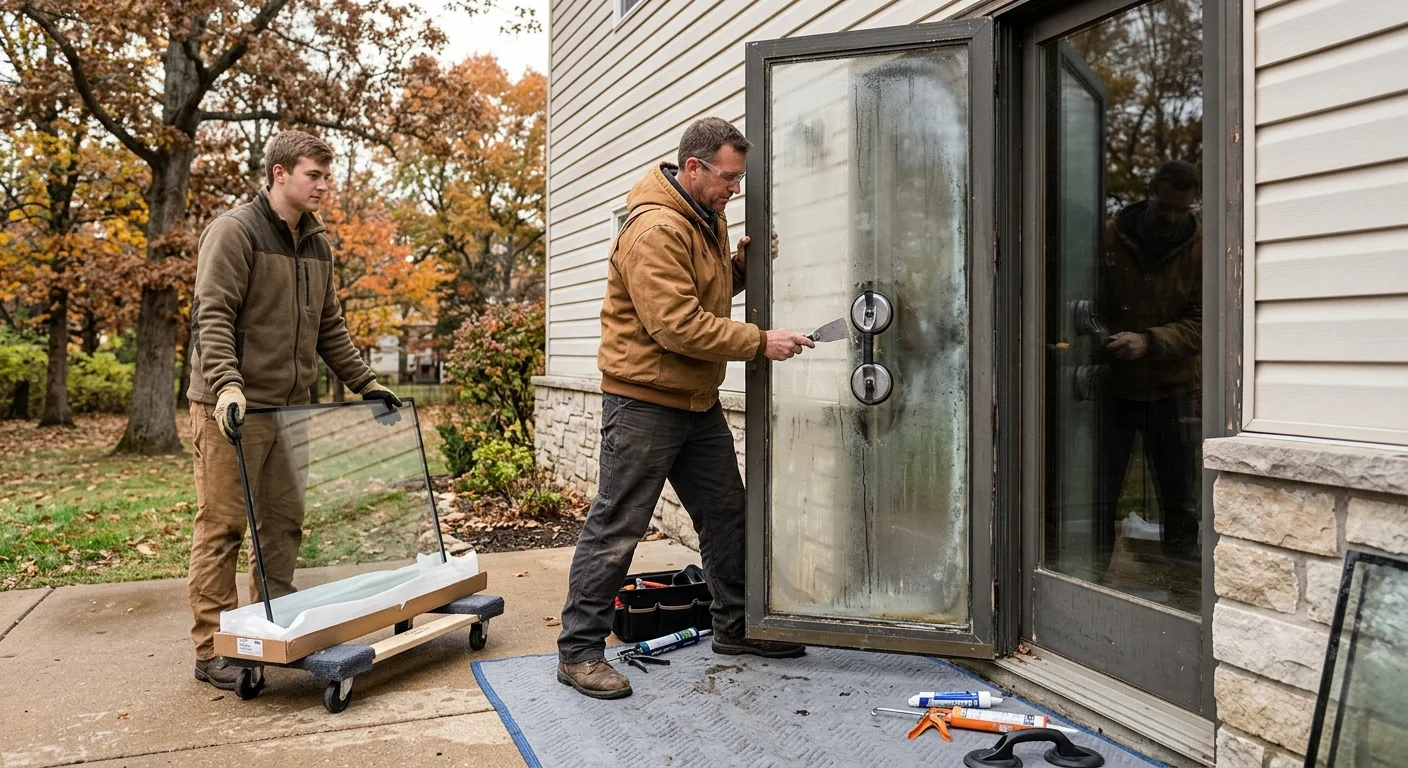Foggy failed patio door glass showing broken seal on a Wildwood home