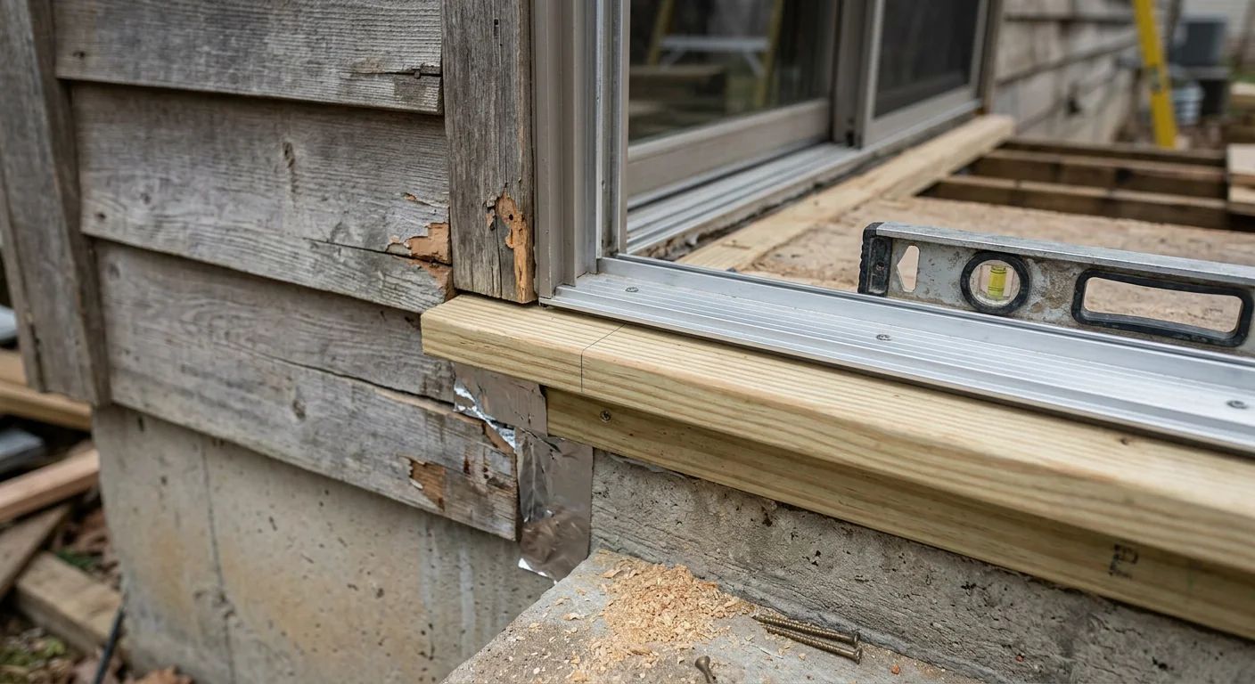 Rebuilt sliding door sill track and framing on a Wildwood ranch home