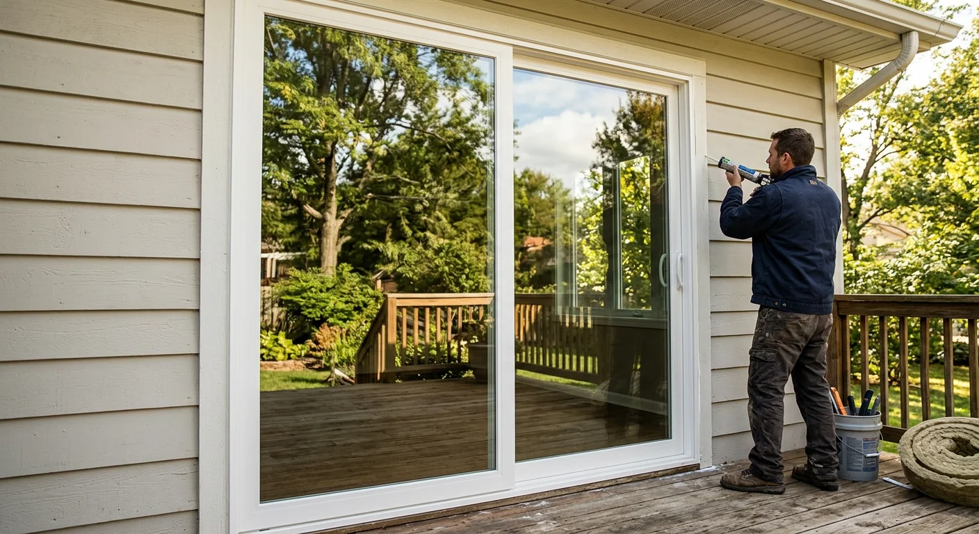 Clear new dual-pane sliding glass door panel installed replacing foggy glass