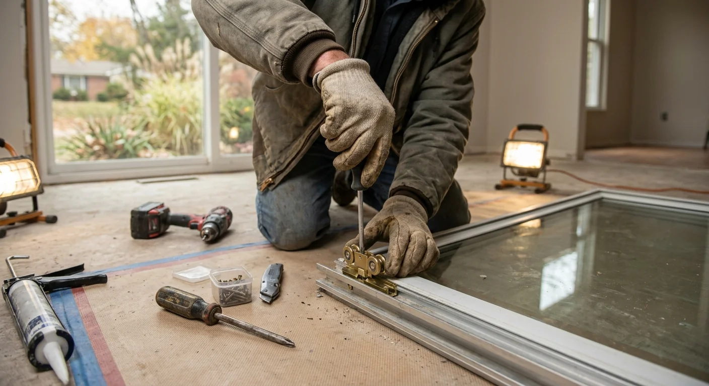 Worker adjusting new roller assembly inside a sliding glass door track