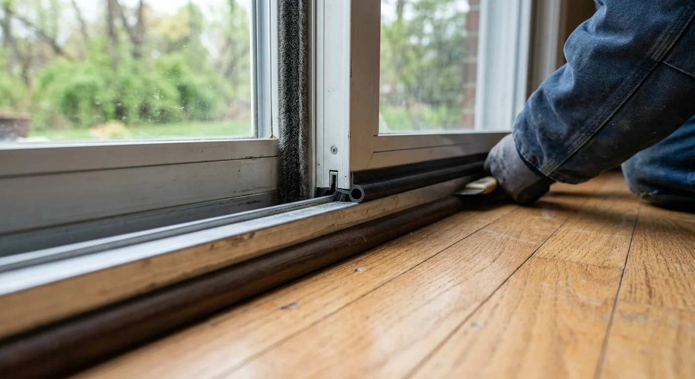 Weatherstripped sliding glass door with sealed threshold in a split-level home