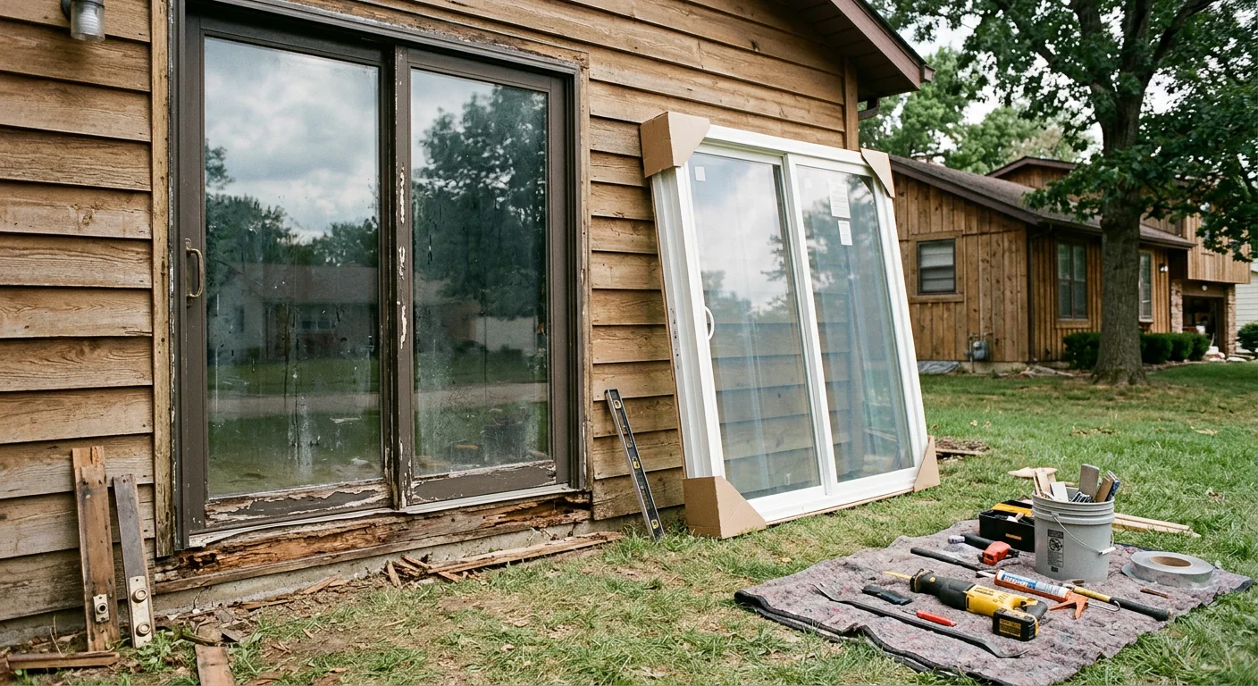 Aged patio door replaced with restored opening and new sliding unit