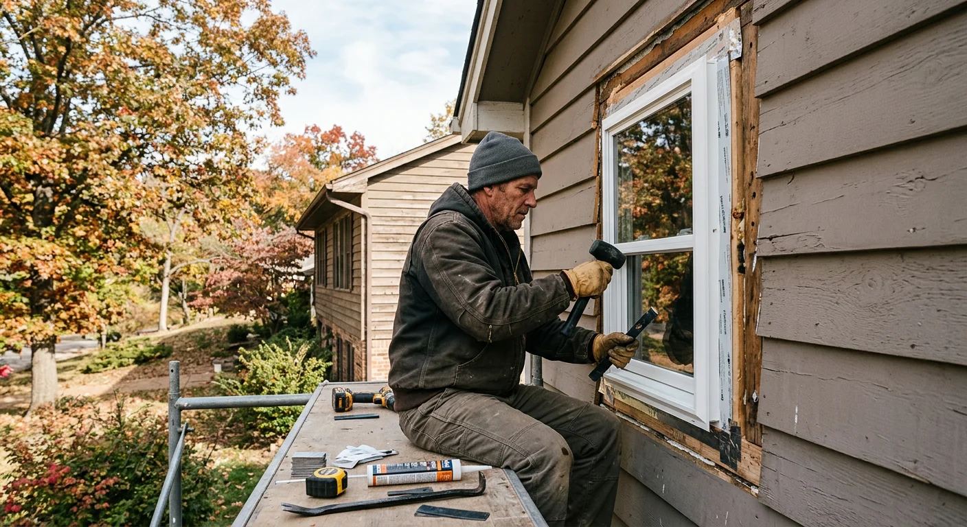 Technician measuring a cracked window pane for glass replacement on a Wildwood home