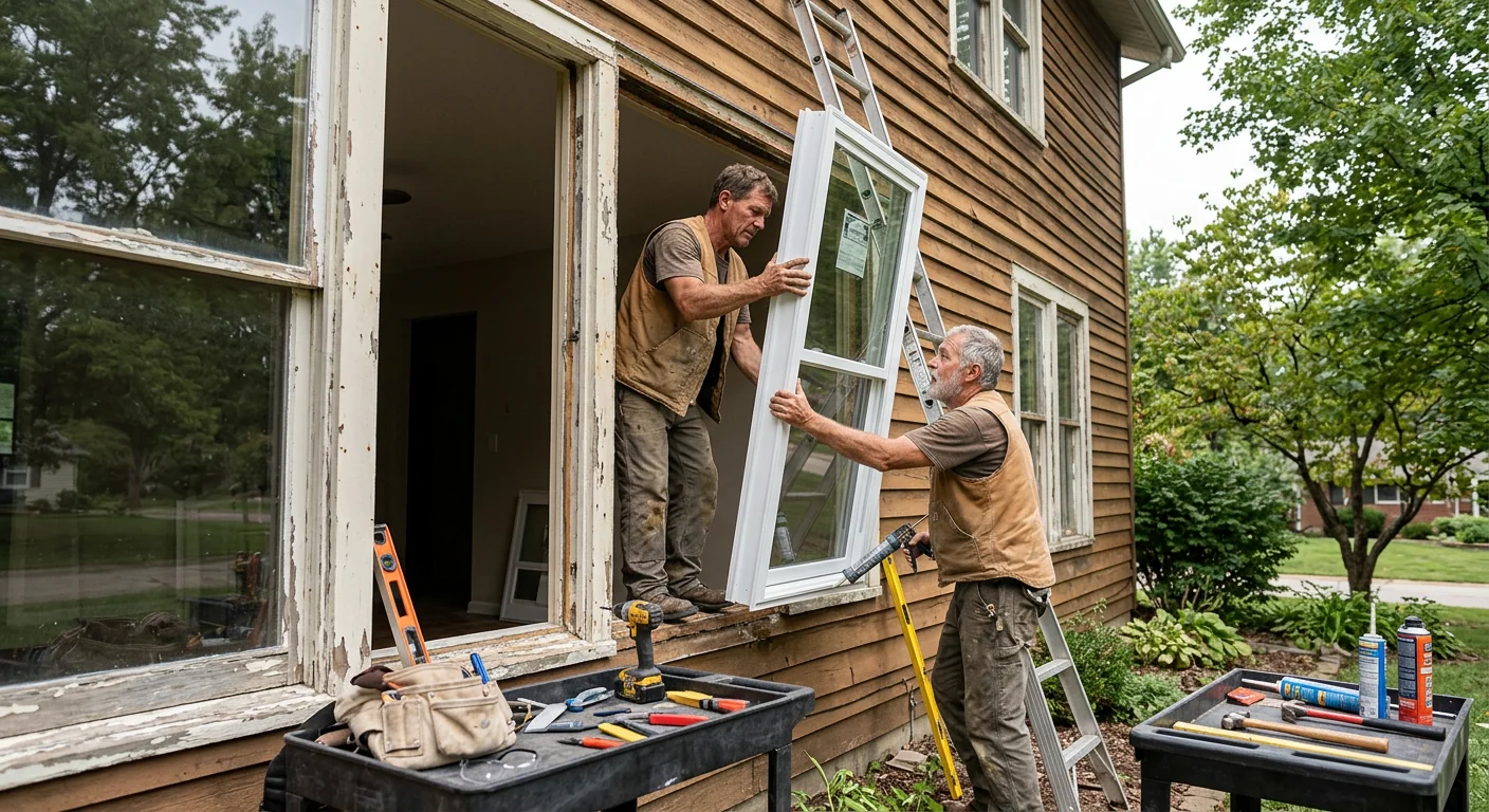 Window glass replacement crew measuring a damaged home window in Wildwood
