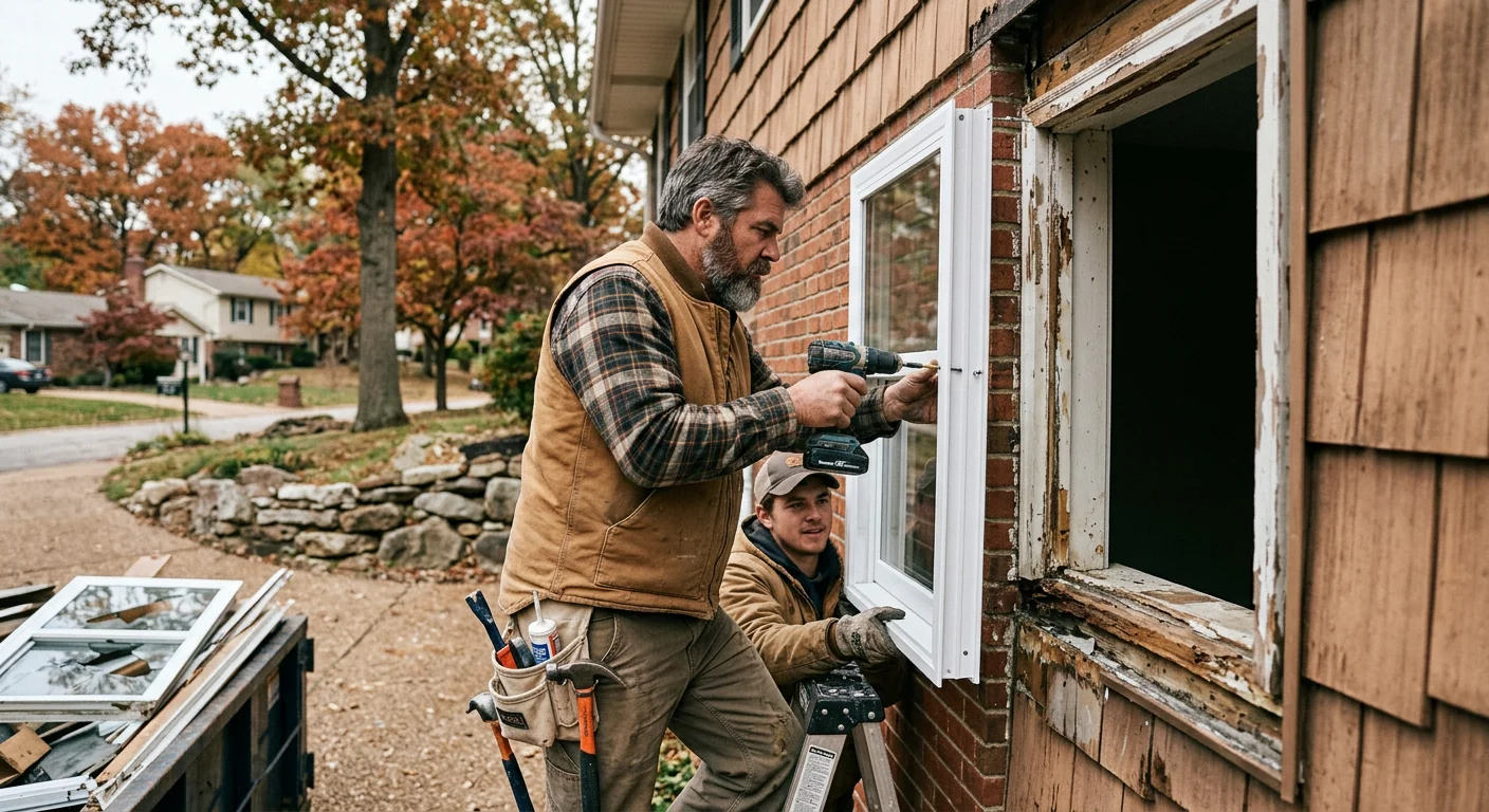 Contractor fitting a new insulated glass unit into a Wildwood home window frame