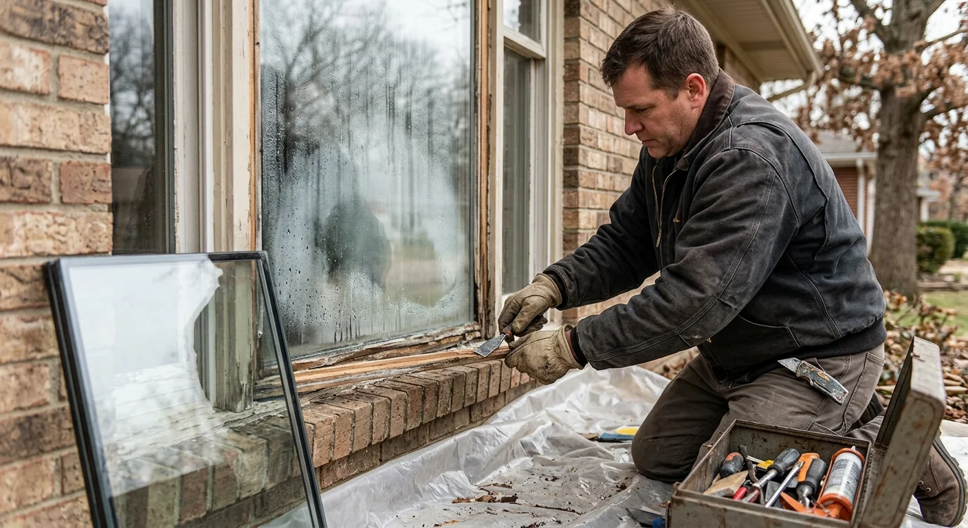 Fogged double-pane window showing failed seal and trapped moisture on a Wildwood home