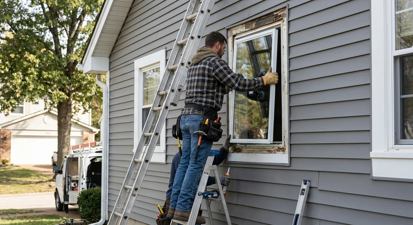Worker resetting insulated glass into a two-story home sash in Wildwood