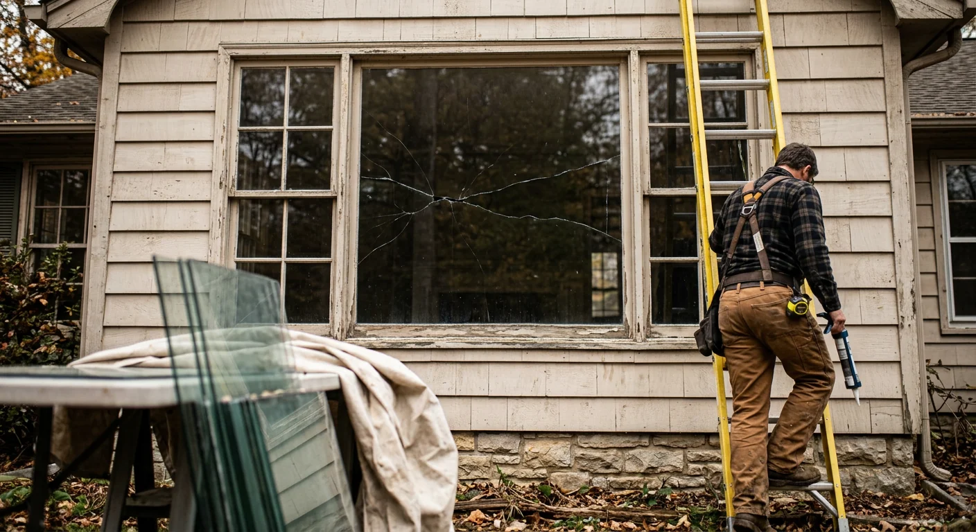 Cracked picture window glass before replacement on an older Wildwood home