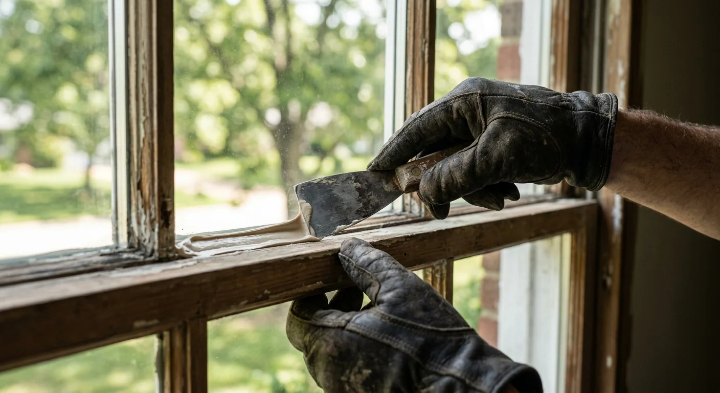 Glazier applying fresh glazing bead to a restored window pane