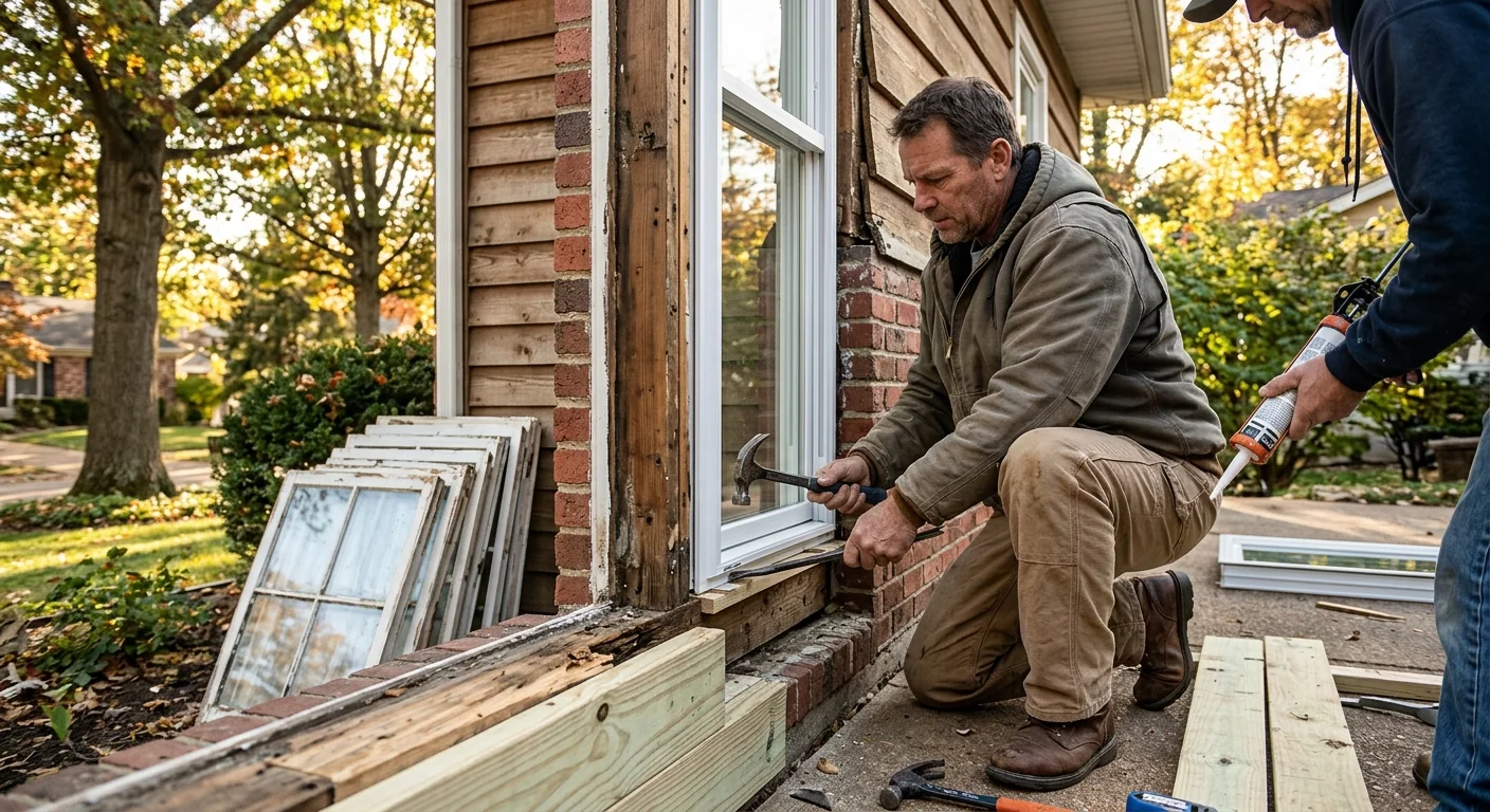 Crew sealing new window glass with weather-rated glazing sealant