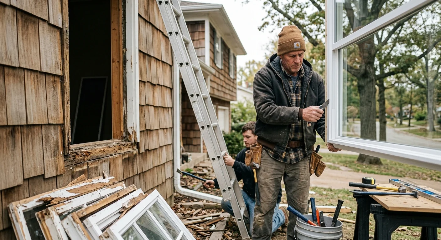 Contractor inspecting a damaged window frame before a repair job