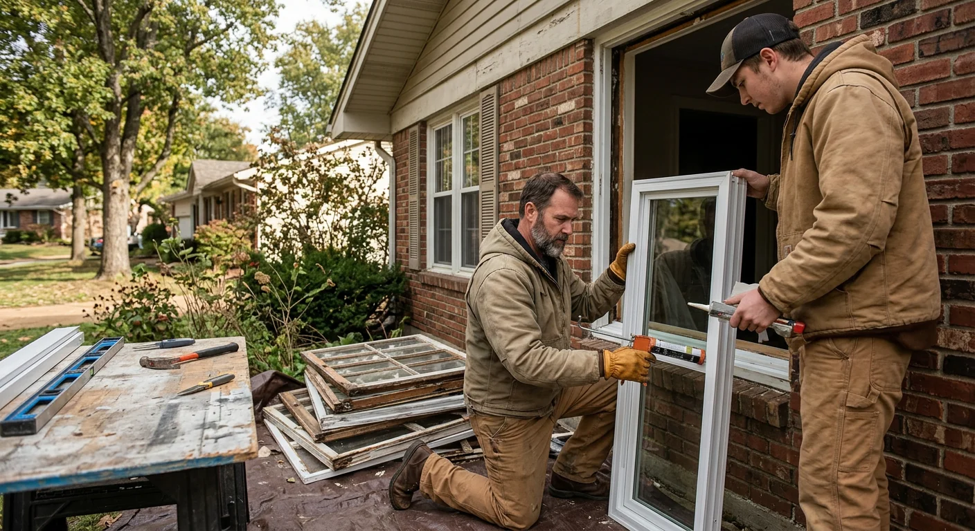 Contractor inspecting a damaged window frame during a repair job in Wildwood