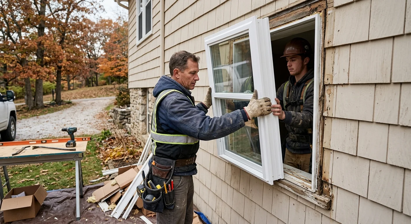 Contractor rebuilding a wood window sash and replacing worn balance hardware