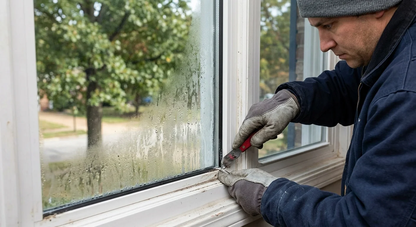 Close-up of fogged insulated glass unit with failed seal on a Wildwood window