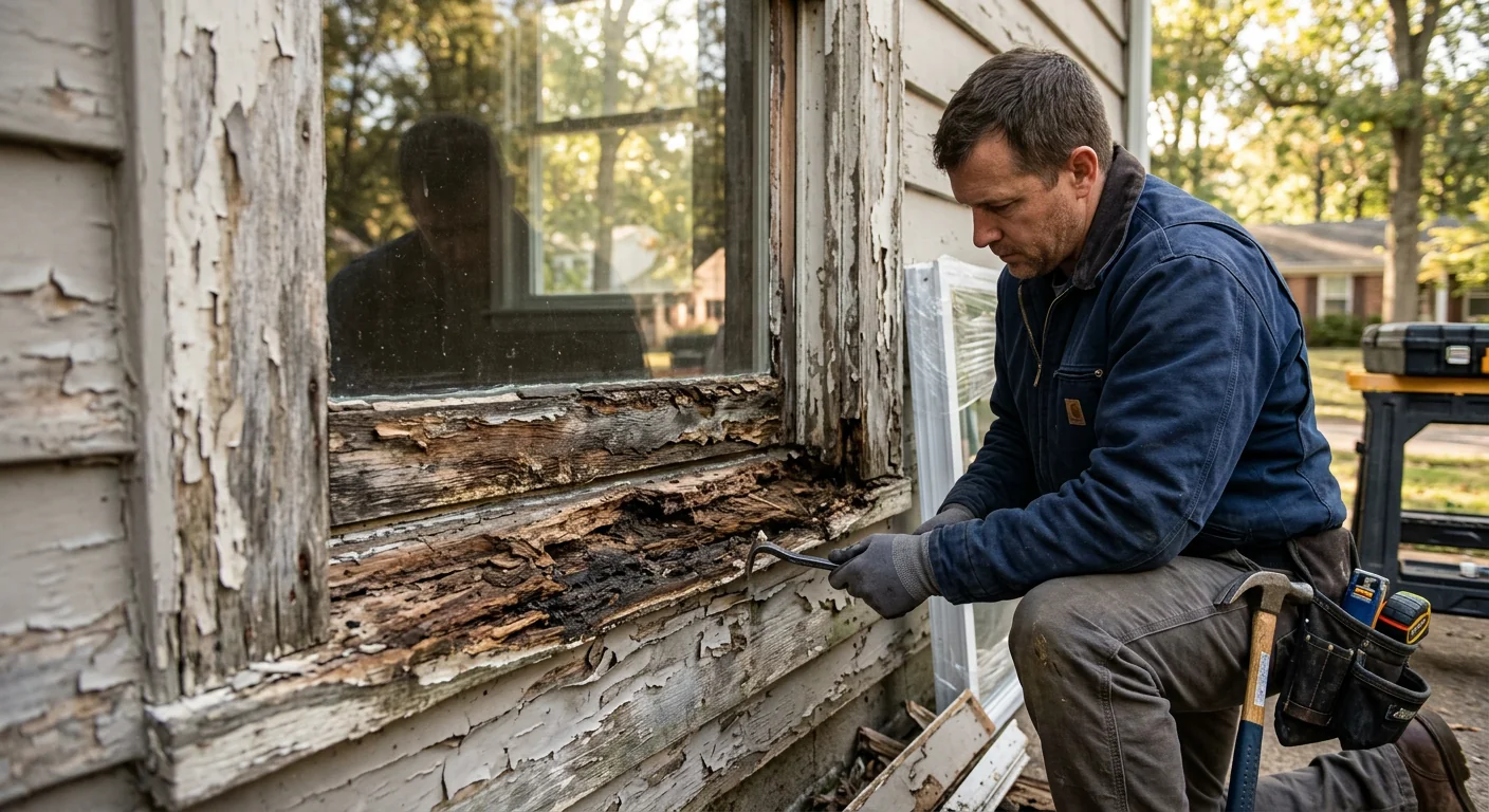 Rotted window sill and peeling paint showing moisture damage needing repair