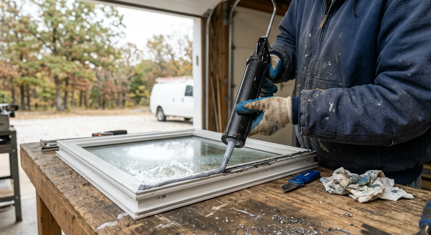 Close-up of fogged double-pane window sash being resealed during repair work