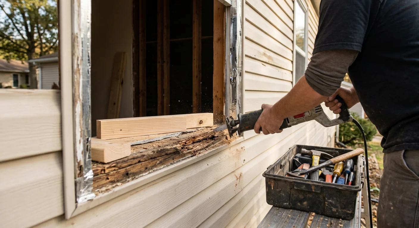 Rotted wooden window sill being cut back and rebuilt on a Wildwood home