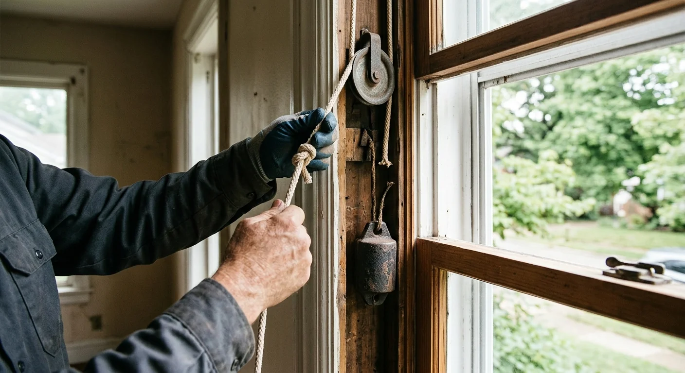 Sash cord and weight system being replaced inside an old double hung window