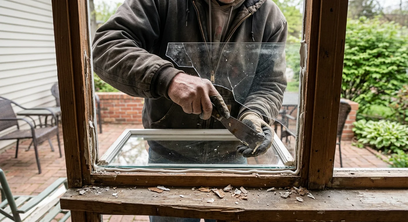 Cracked window pane being replaced with fresh glass and glazing compound