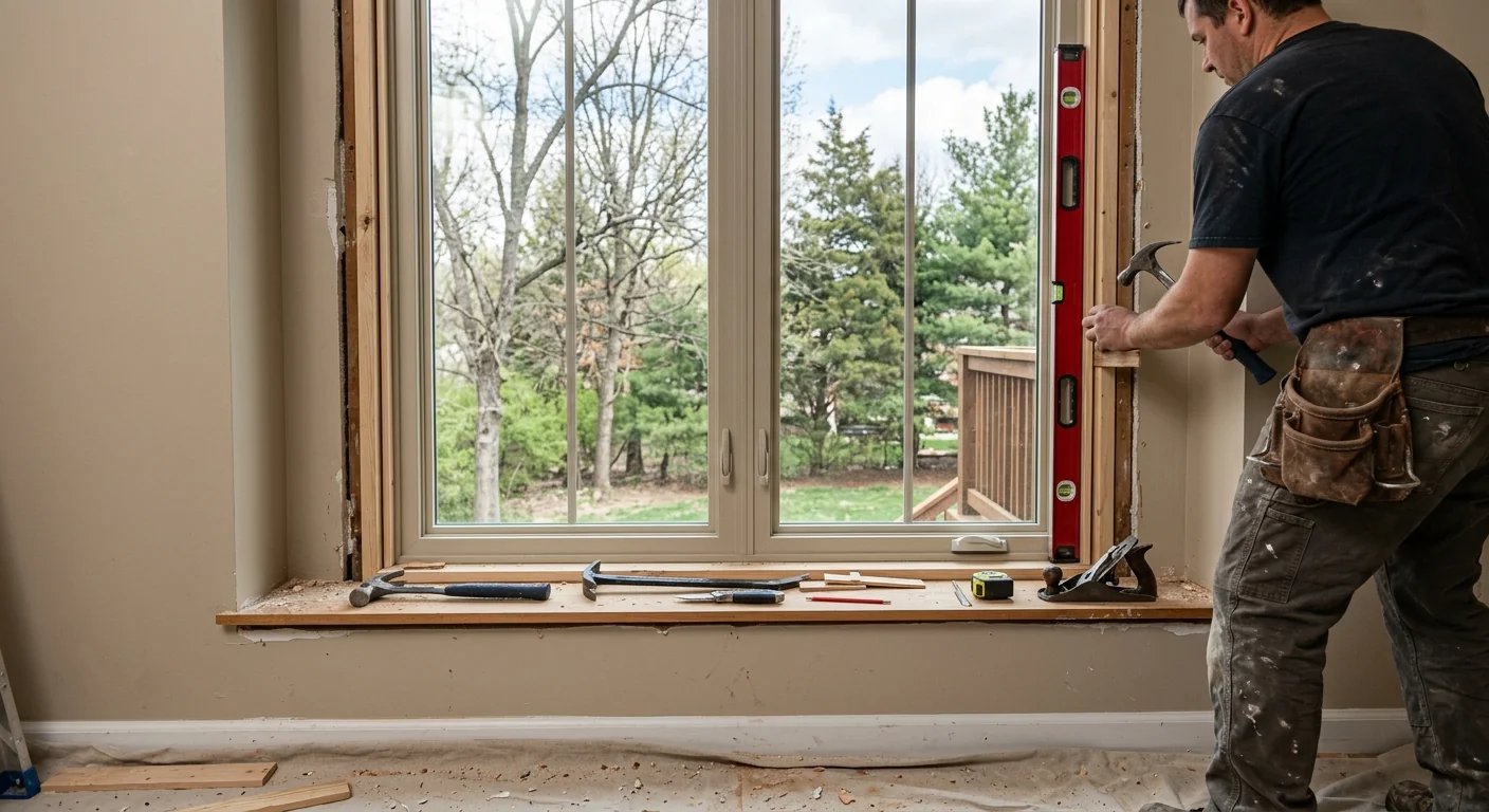 Warped casement window frame being shimmed and realigned back to plumb