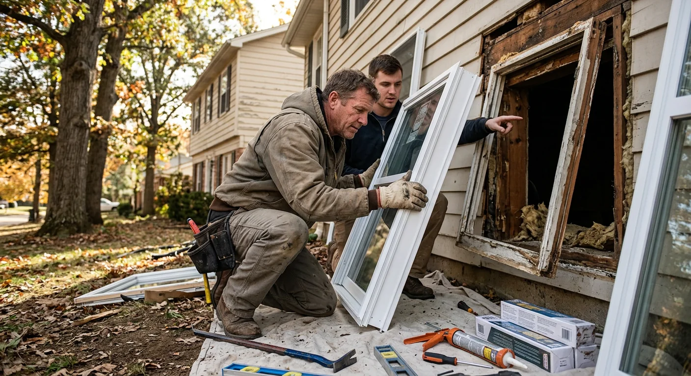 Repair crew resealing a weatherworn window frame