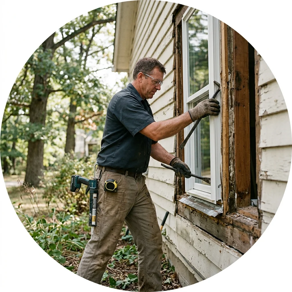 Installer sealing a new double hung window frame with exterior caulk