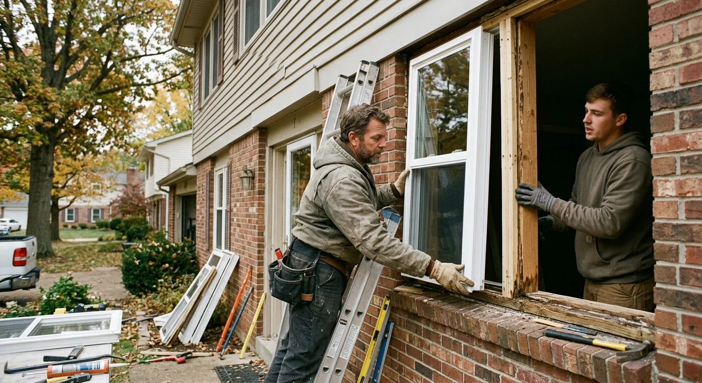 Installer fitting a restored double hung window into a cleaned Wildwood opening